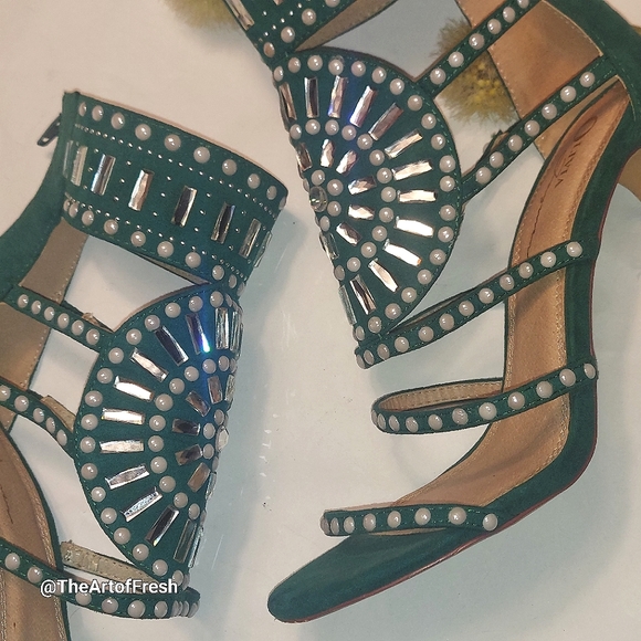 🔥🔥 OLIVIA FERGUSON, 4inch Green Rhinestone Gladiator zipper heels, size 9 - Picture 4 of 14